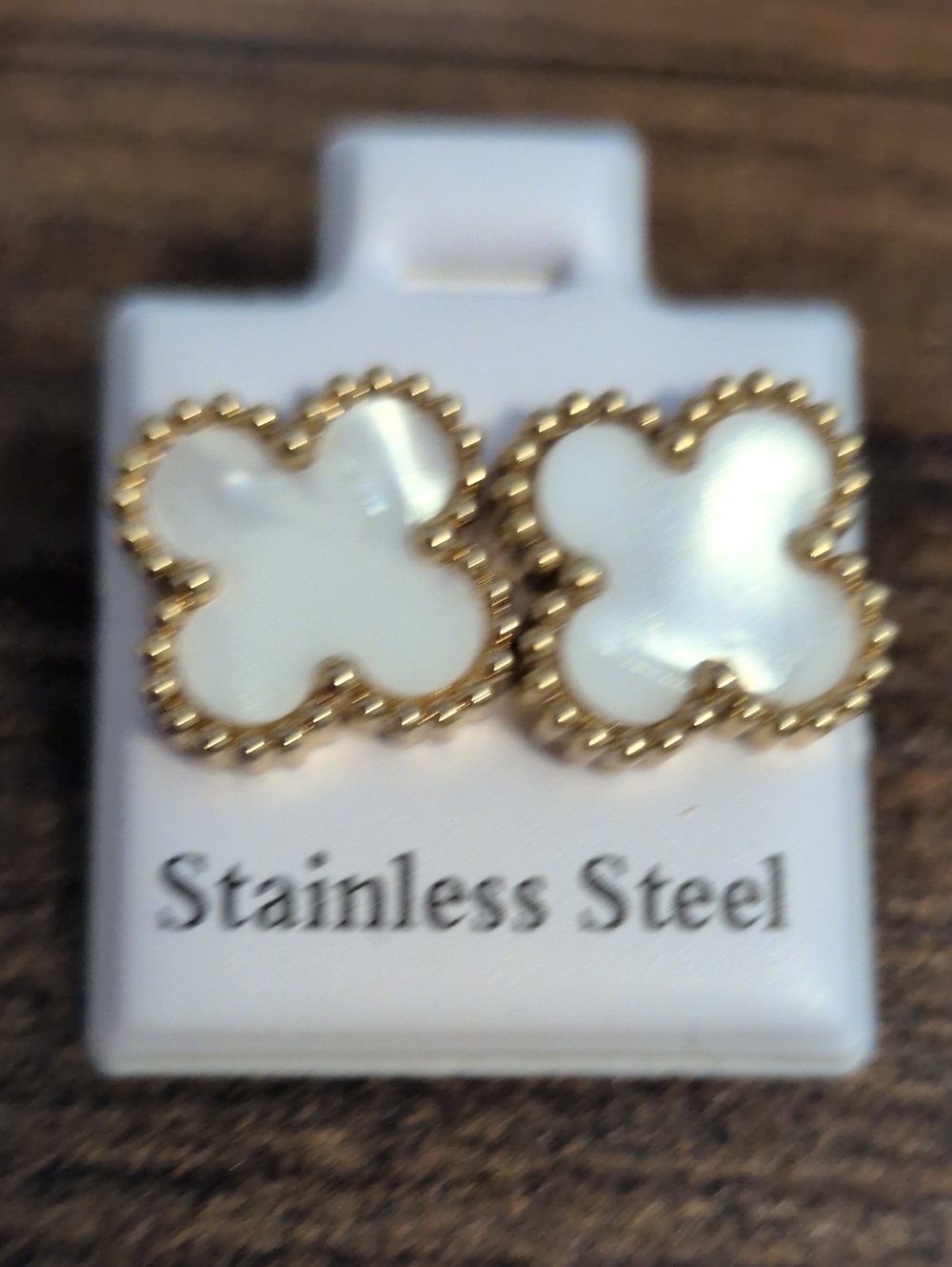 White Mother-of-Pearl Clover Stud Earrings with Gold Trim - Stainless Steel New